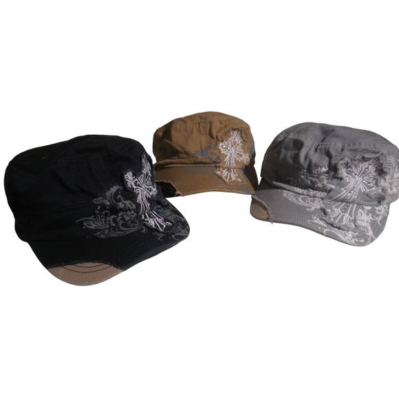 3 Cross Motif Painter Distressed Hats / Caps, Blue, Gray, Tan, Adjustable Buckle - Picture 1 of 7